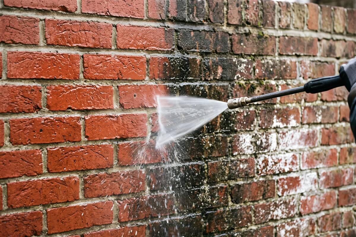 A brick wall half cleaned, half covered in dirt and white salt staining
