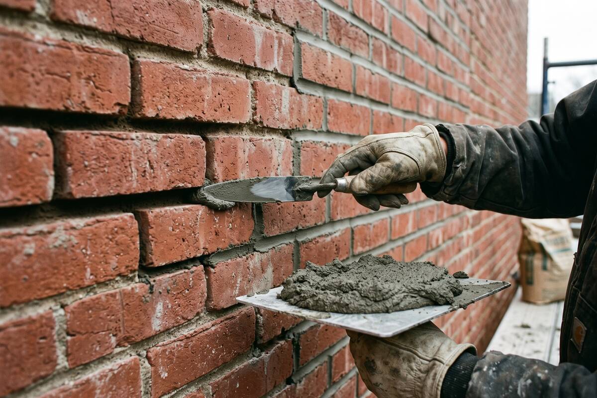 A jointer tooling fresh mortar joints next to old, worn joints on a red brick wall